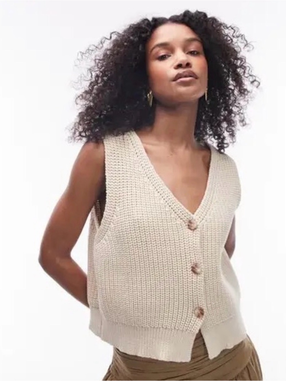 Topshop Cream Chunky Cotton Blend Knit V-Neck Button Vest Cozy Fall